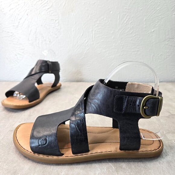 Born Flat Sandals Leather Black Boho Minimalist Comfort Strappy Open Toe Size 6 - Picture 1 of 12
